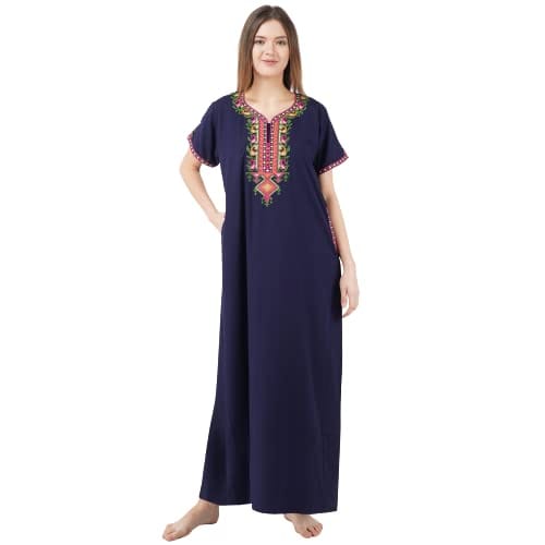 KOI SLEEPWEAR Women's Cotton Blend Embroidered Maxi Length Nightgown (Navy, 2XL/3XL)