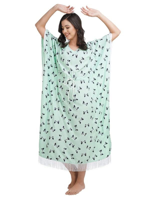 KOI SLEEPWEAR Mint Green Kaftan with Beauitful Bow- Print (L)