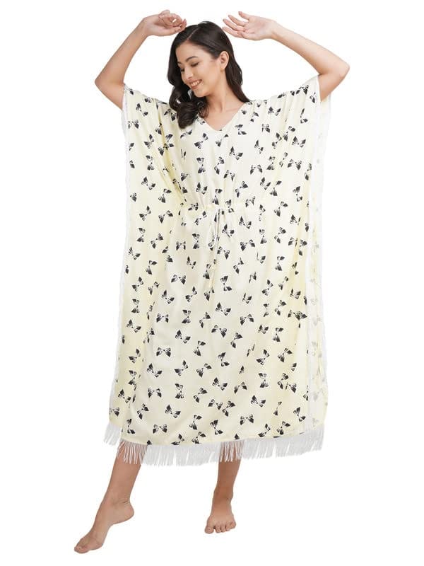 KOI SLEEPWEAR Lemon Yellow Kaftan with Beautiful Bow-Print (L)