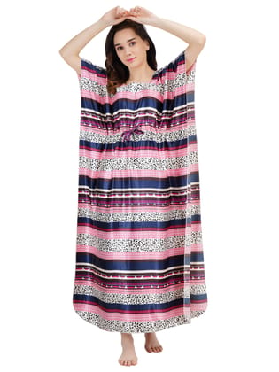 KOI SLEEPWEAR Women's Tiger Print Satin Kaftan Gown/Maxi Night Gown for Women - Navy Blue (Large)