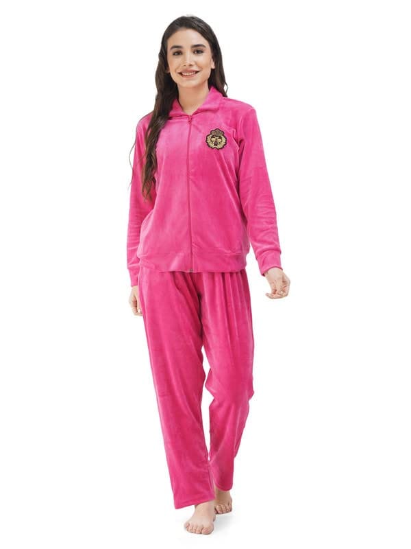 KOI SLEEPWEAR Soft Velvette Long Night Suit Dark Pink
