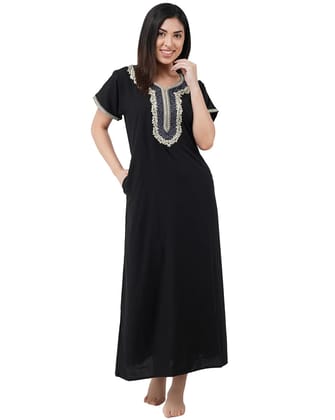 KOI SLEEPWEAR Premium Women White Contrast Embroidery Night Gown Lizzybizzy Cotton Nighty Maxi (X-Large, Black)�