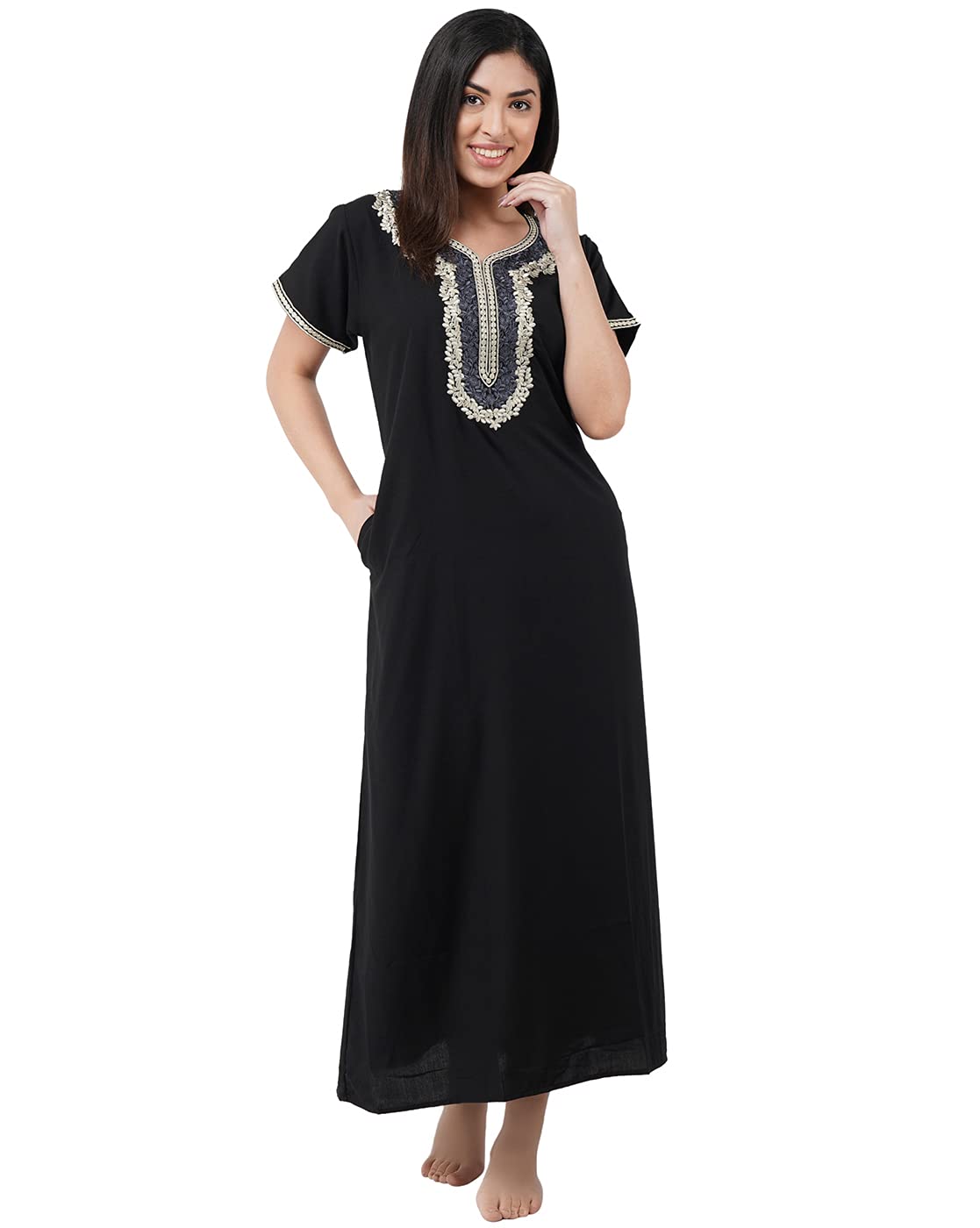 KOI SLEEPWEAR Premium Women White Contrast Embroidery Night Gown Lizzybizzy Cotton Nighty Maxi (X-Large, Black)�