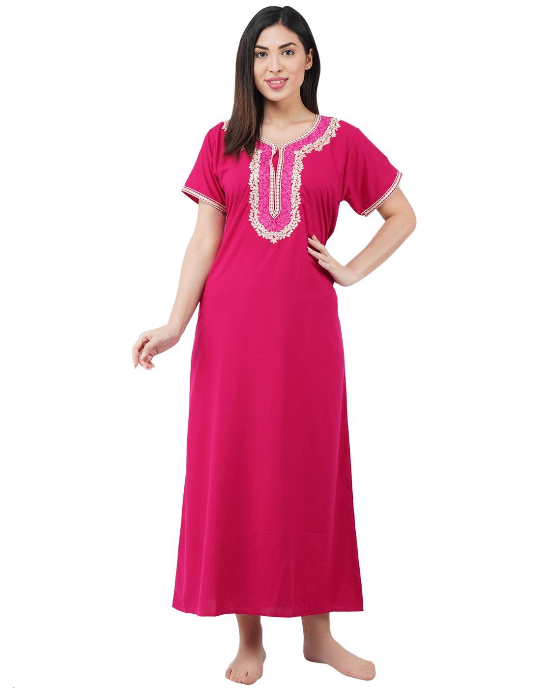 KOI SLEEPWEAR Premium Women White Contrast Embroidery Night Gown Lizzybizzy Cotton Nighty Maxi (X-Large, Pink)�