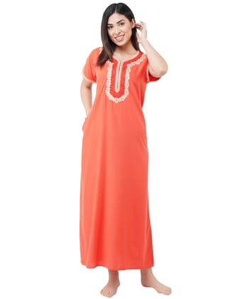 KOI SLEEPWEAR Premium Women White Contrast Embroidery Night Gown Lizzybizzy Cotton Nighty Maxi (Large, Peach)�
