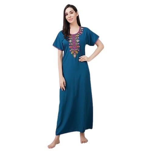 KOI SLEEPWEAR Premium Lissybissy Cotton Resham Embroidery Nighty Night Gown Maxi for Women XXL Plus Size Peacock Blue
