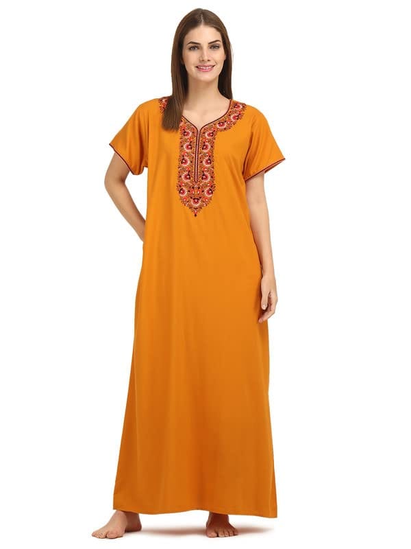KOI SLEEPWEAR Women's Paan Shape Cotton Blend Embroidered Full Length Night Gown/Maxi/Nighty (Sunflower Mustard, L)