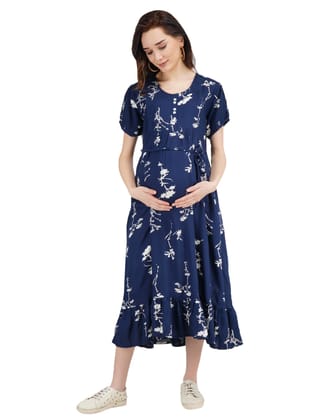 KOI SLEEPWEAR Women's Rayon Maternity White Floral Breastfeeding Gown Dress with Feeding Pocket Maxi Night Gown for Pregnant Women - Navy Blue (X-Large)