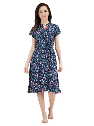 KOI SLEEPWEAR Women's Knee Length Short Sleeve Floral Print Short Nighty/Maxi (Blue)