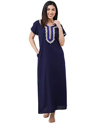 KOI SLEEPWEAR Premium Women White Contrast Embroidery Night Gown Lizzybizzy Cotton Nighty Maxi (X-Large, Navy Blue)�