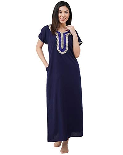 KOI SLEEPWEAR Premium Women White Contrast Embroidery Night Gown Lizzybizzy Cotton Nighty Maxi (X-Large, Navy Blue)�