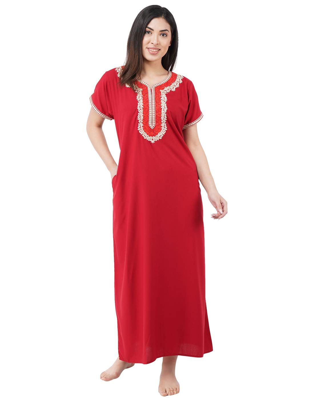KOI SLEEPWEAR Premium Women White Contrast Embroidery Night Gown Lizzybizzy Cotton Nighty Maxi (X-Large, RED)�
