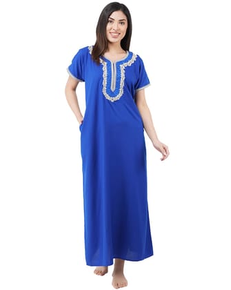 KOI SLEEPWEAR Premium Women White Contrast Embroidery Night Gown Lizzybizzy Cotton Nighty Maxi (Large, Royal Blue)�