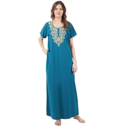 VALENCIA SLEEPWEAR lissybissy Cotton Resham Embroidery Nighty Night Gown Maxi for Women A line (Large, Turquoise)