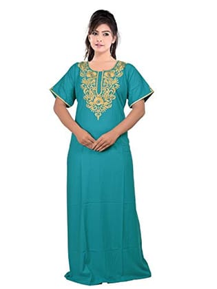 VALENCIA SLEEPWEAR lissybissy Cotton Resham Embroidery Nighty Night Gown Maxi for Women A line (X-Large, Turquoise)