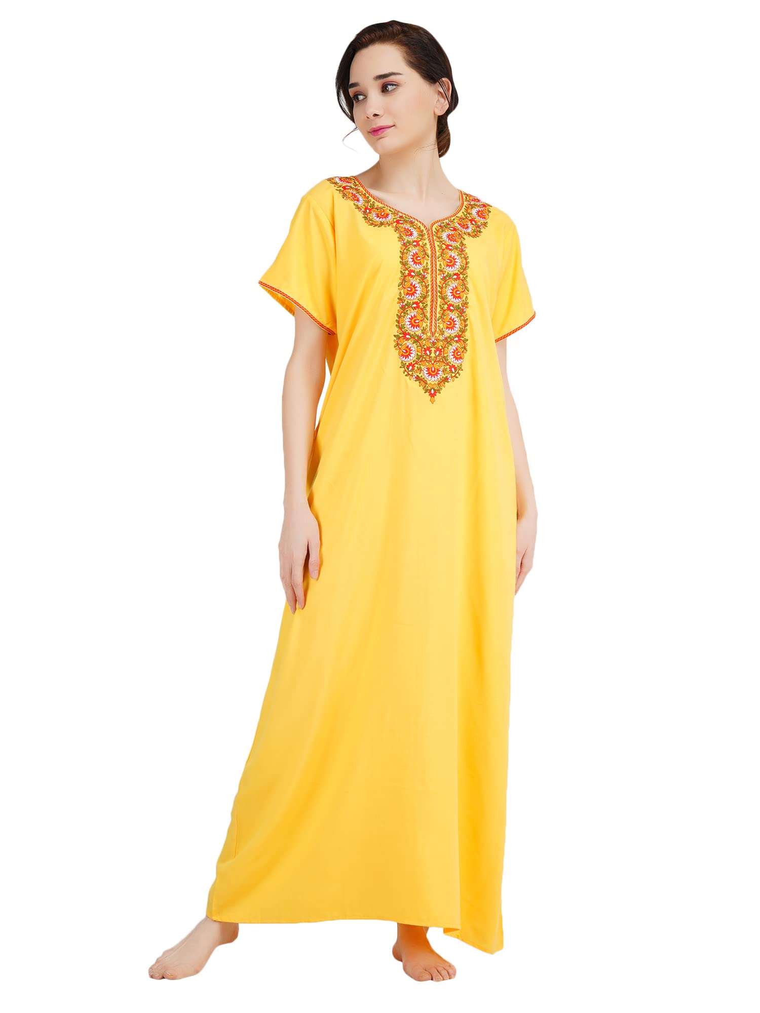 KOI SLEEPWEAR Women's Paan Shape Cotton Blend Embroidered Full Length Night Gown/Maxi/Nighty (Sunflower Yellow, L)