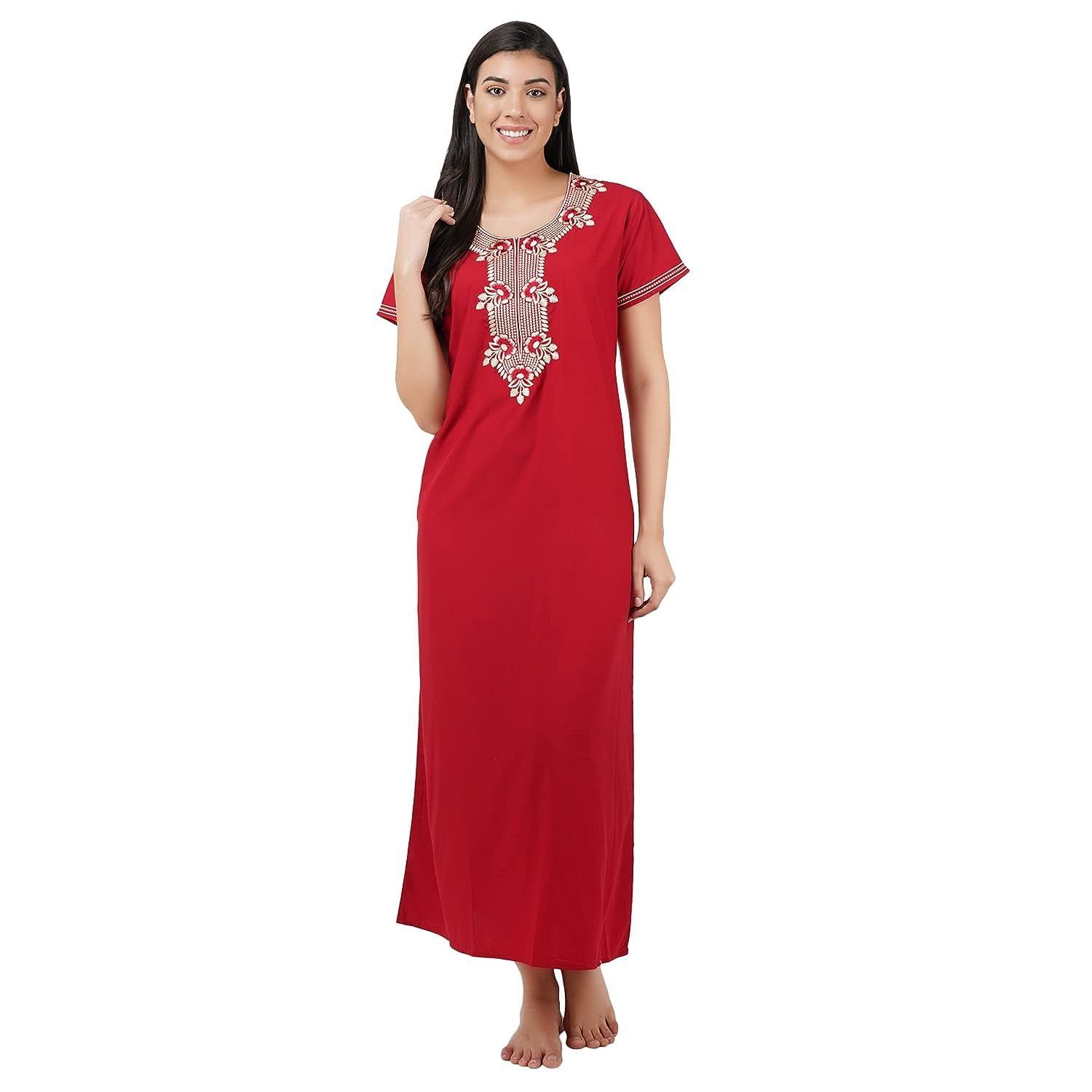Valencia Premium Women Embroidery Nightgown LissyBissy Cotton Nighty Maxi Red