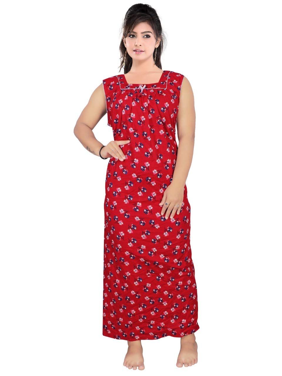 VALENCIA SLEEPWEAR lissybissy Cotton Resham Embroidery Nighty Night Gown Maxi for Women A line (Red)