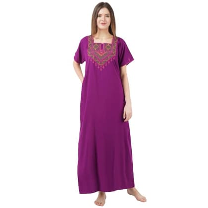 VALENCIA SLEEPWEAR Cotton LizzyBizzy Embroidery Nighty Nightwear Maxi Nightgown Plain Purple