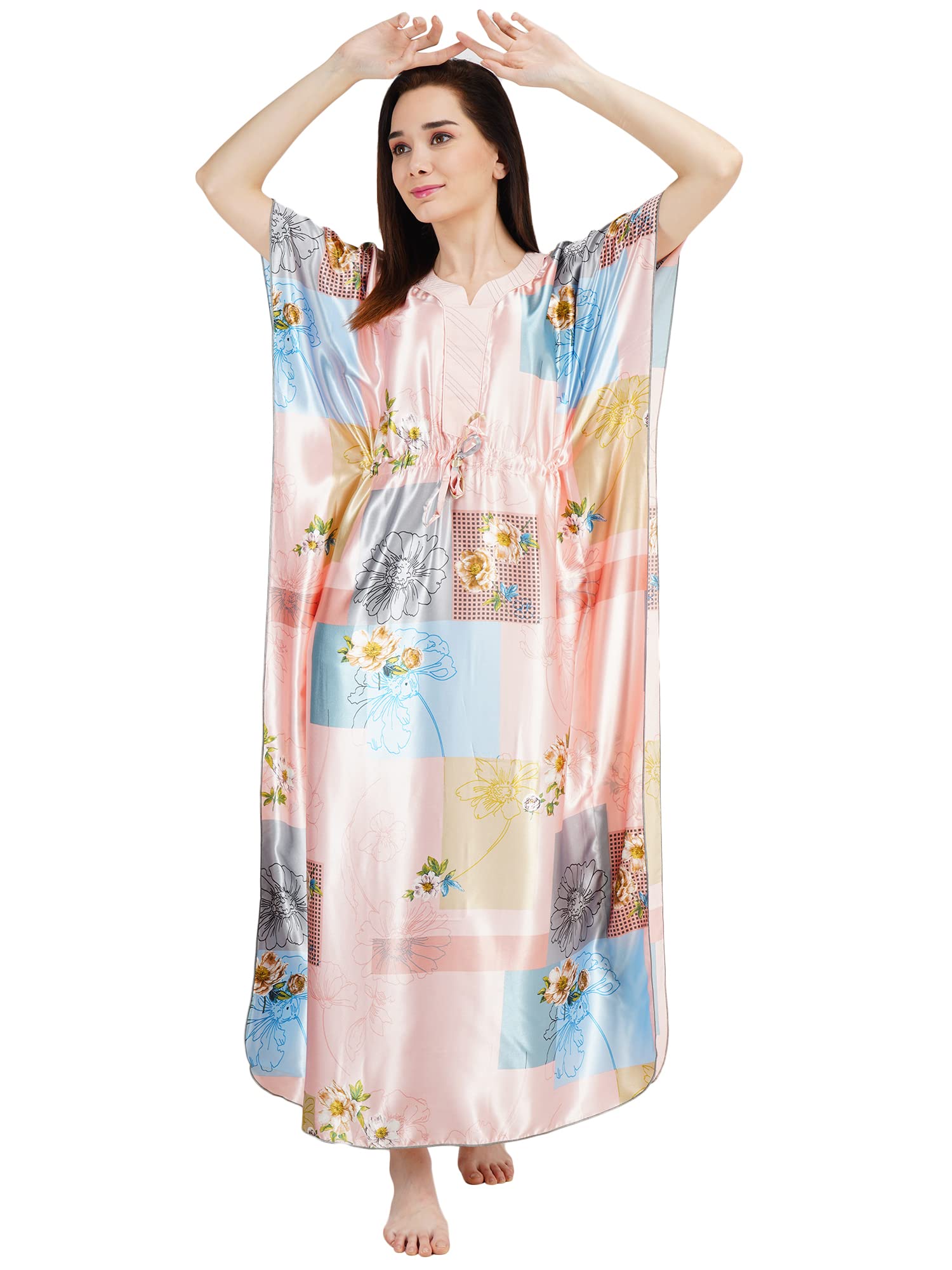 KOI SLEEPWEAR Women's Satin Kaftan Square Print Gown/Maxi Night Gown for Women - Peach (Large)