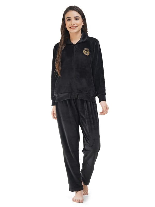 KOI SLEEPWEAR Soft Velvette Long Night Suit Black (Relaxed, Large, Black)
