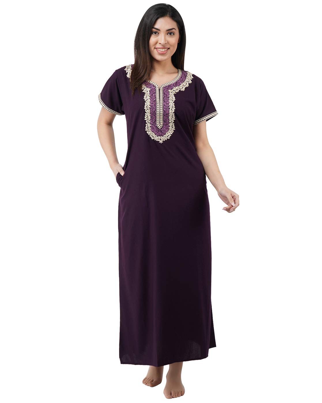 KOI SLEEPWEAR Premium Women White Contrast Embroidery Night Gown Lizzybizzy Cotton Nighty Maxi (X-Large, Wine)