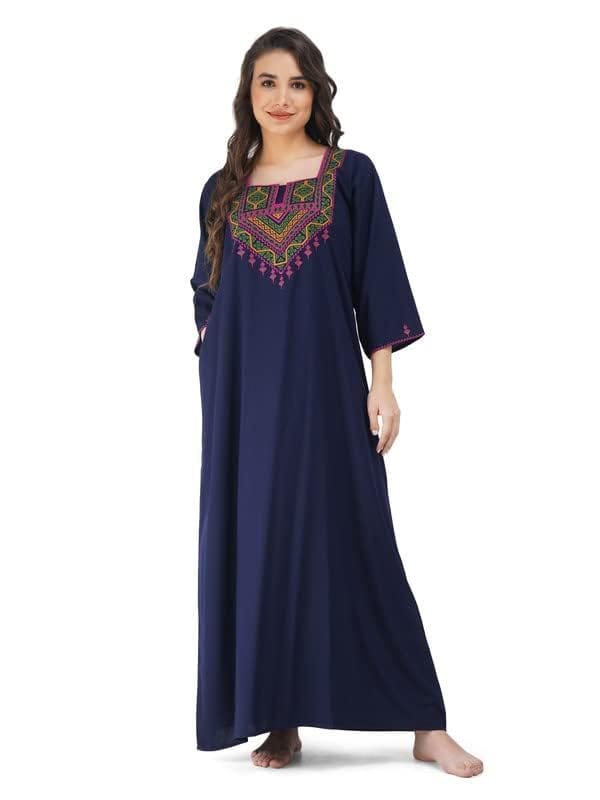 Valencia Premium Lissybissy Cotton Multicoloured Embroidery Full Sleeve Night Gown Navy