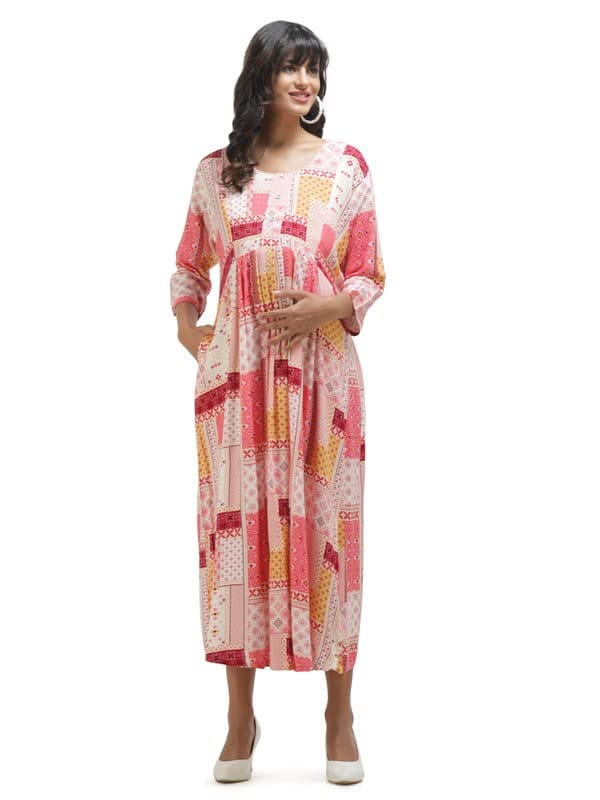 KOI Casual Maternity Dress with Square Print Peach