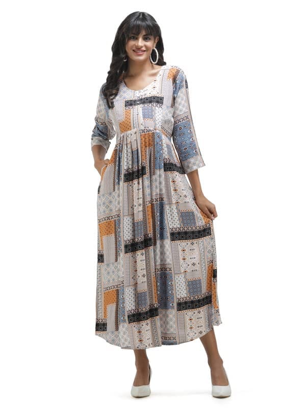 KOI Casual Maternity Dress with Square Print Cream