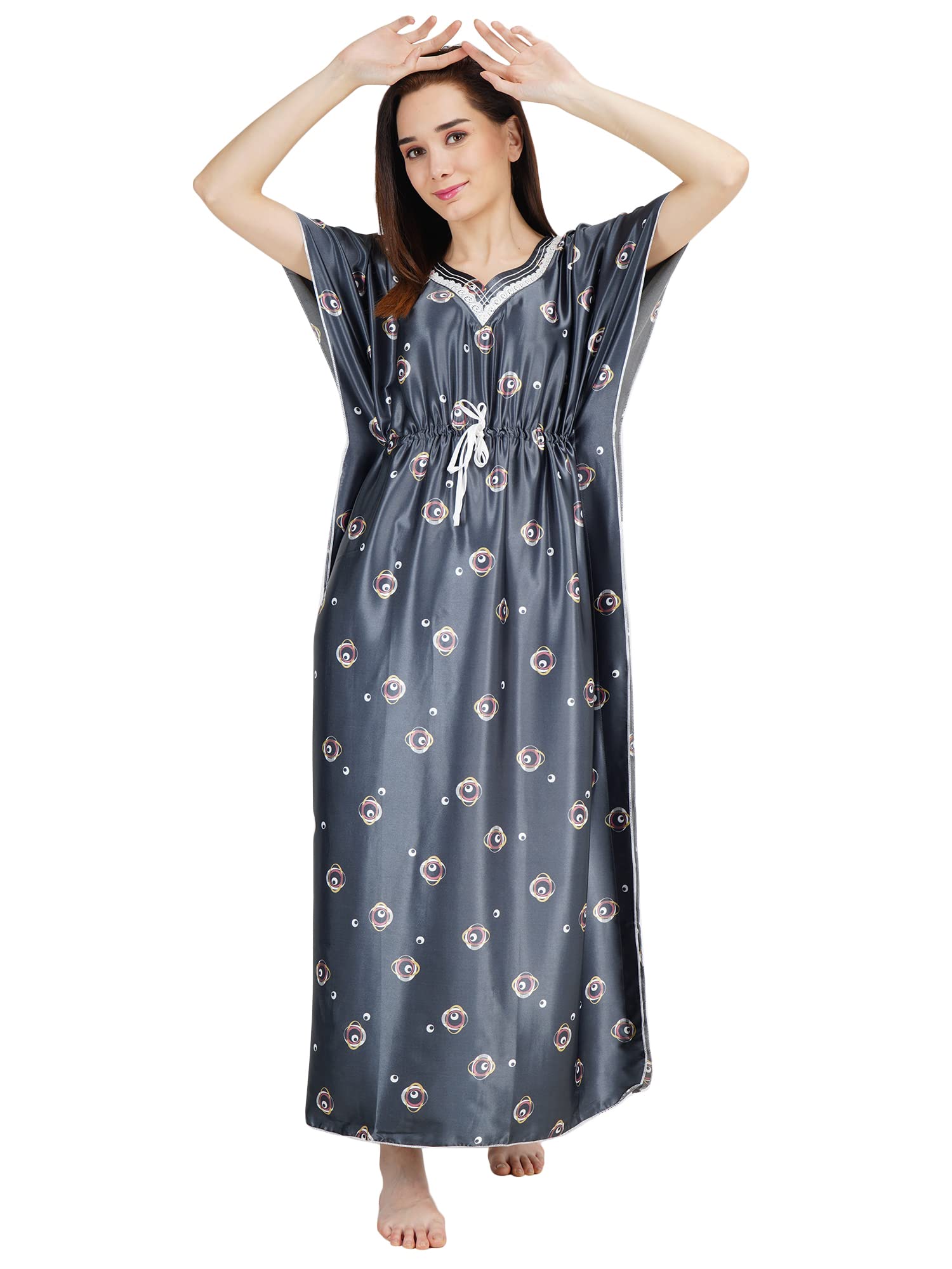 KOI SLEEPWEAR Women's Printed Satin Kaftan Gown/Maxi Night Gown for Women - Grey (XL)
