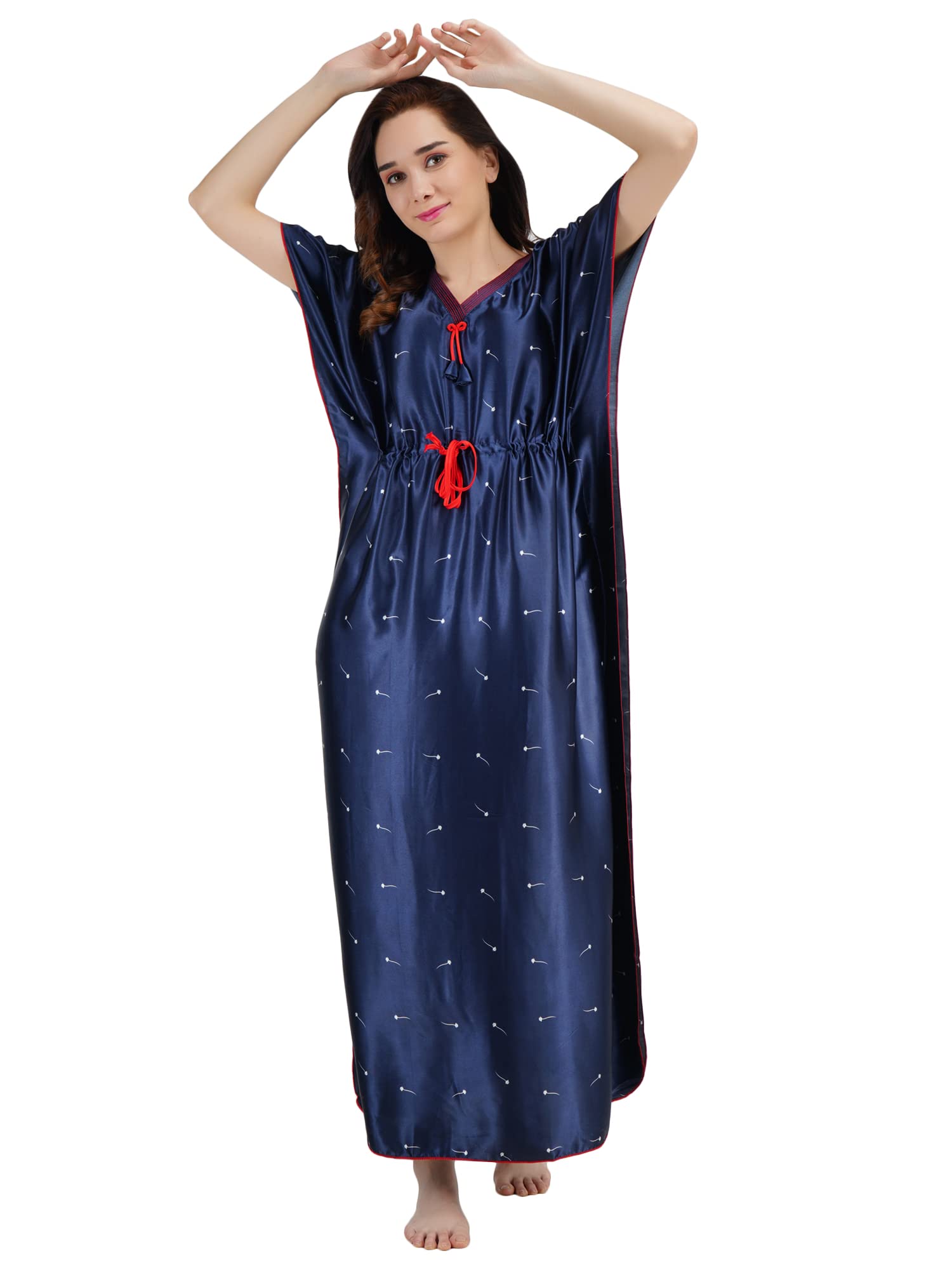 KOI SLEEPWEAR Women's Printed Satin Kaftan Gown/ Maxi Night Gown for Women - Navy Blue (L)