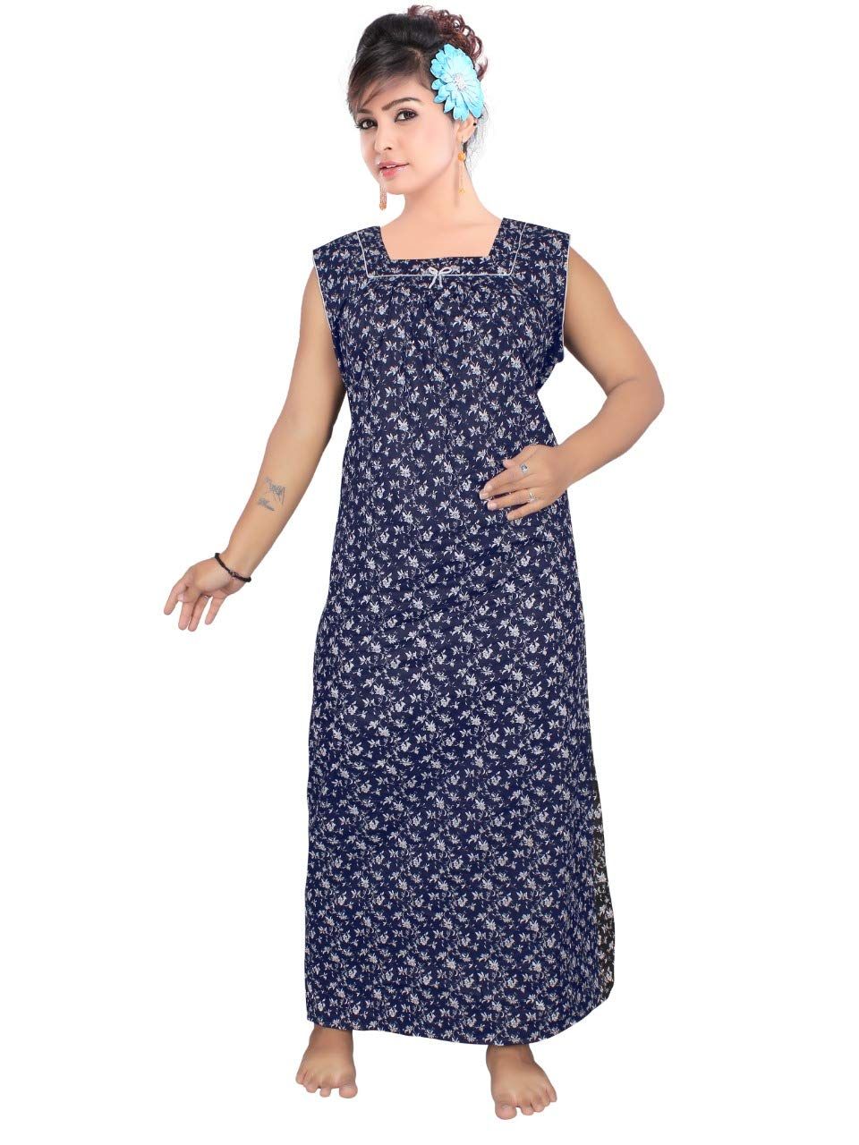 VALENCIA SLEEPWEAR lissybissy Cotton Resham Embroidery Nighty Night Gown Maxi for Women A line (Blue)