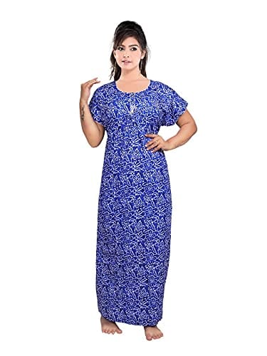 VALENCIA SLEEPWEAR Women's Pure Cotton Printed Maxi Nighty with Pocket Nightdress Night Suit Gown for Women and Girls Nightwear Female for Regular Use Nightgown Free Size