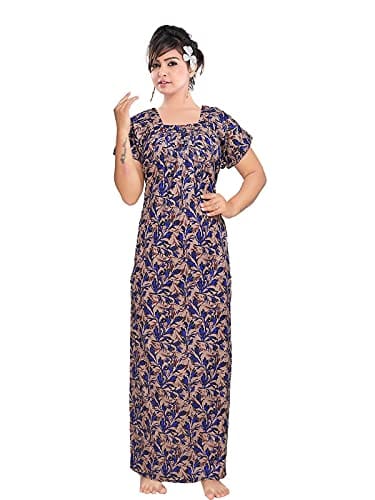 VALENCIA SLEEPWEAR Women's Pure Cotton Printed Maxi Nighty with Pocket Nightdress Night Suit Gown for Women and Girls Nightwear Female for Regular Use Nightgown Free Size