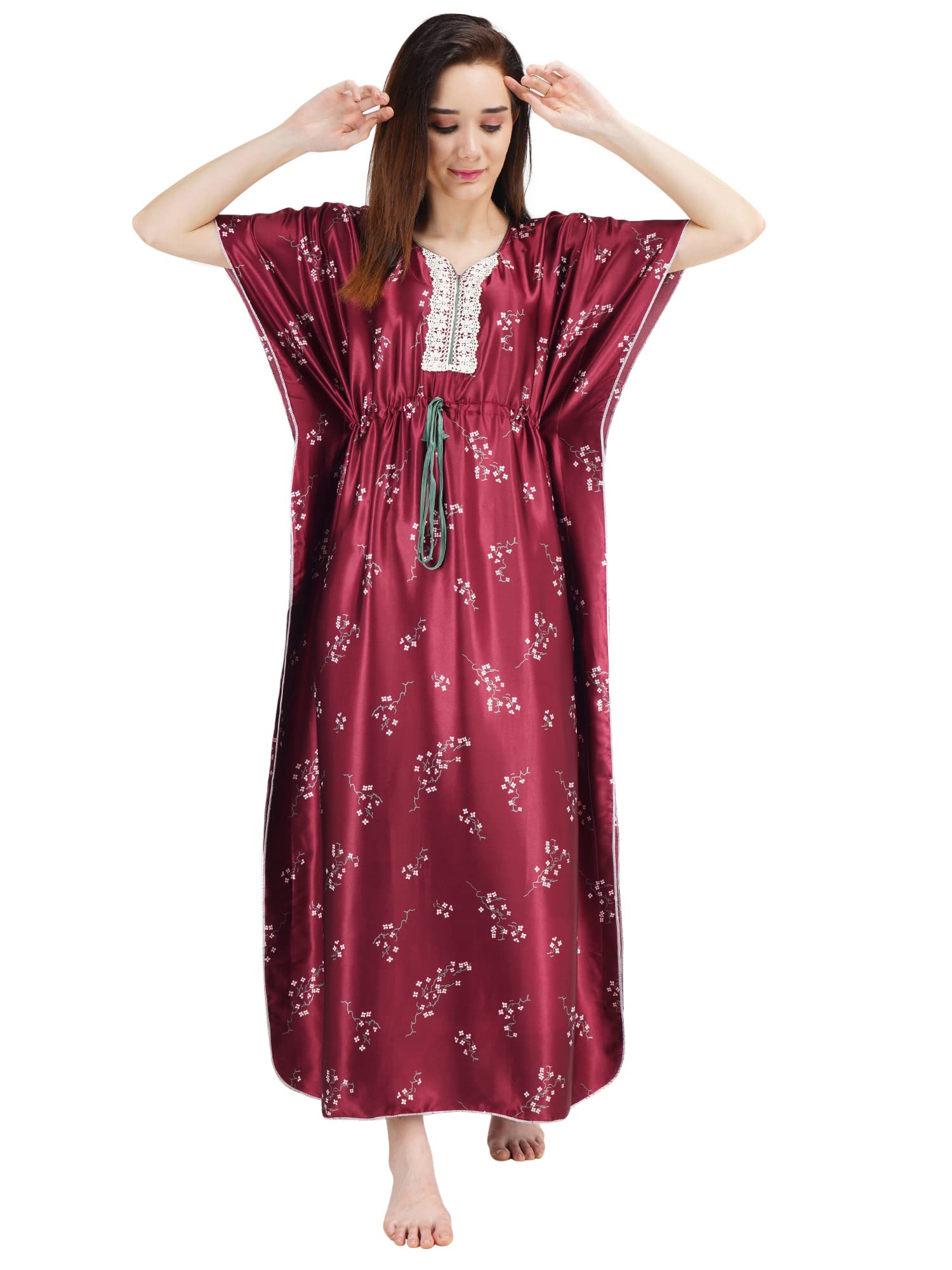 KOI SLEEPWEAR Women's Printed Satin Kaftan Gown/ Maxi Night Gown for Women - Maroon