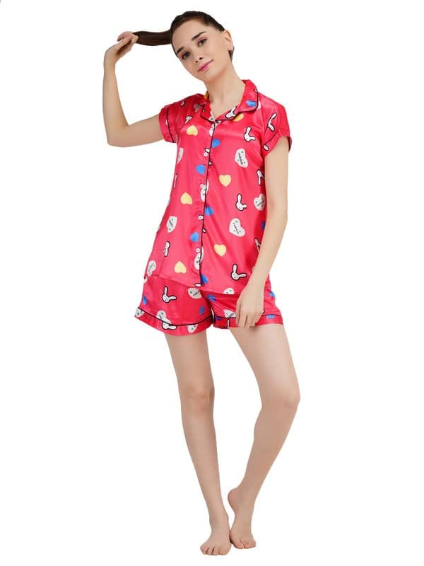 KOI SLEEPWEAR Women's Printed Satin Shirt & Short Sleeve Night Suit Lounge Wear