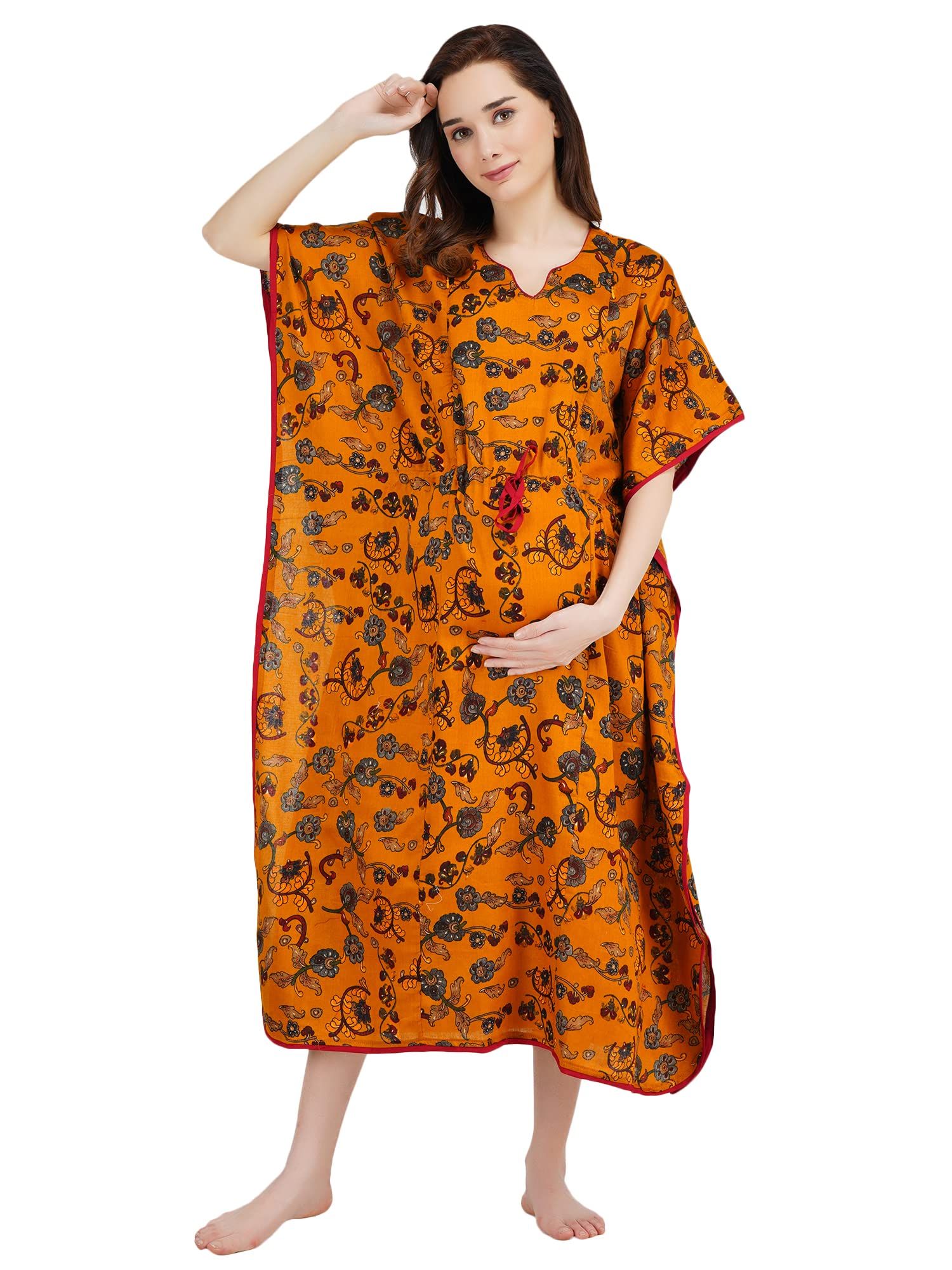 KOI SLEEPWEAR Women's Silk Maternity Kaftan Breastfeeding Gown Dress with Feeding Pocket Maxi Night Gown for Pregnant Women - Mustard