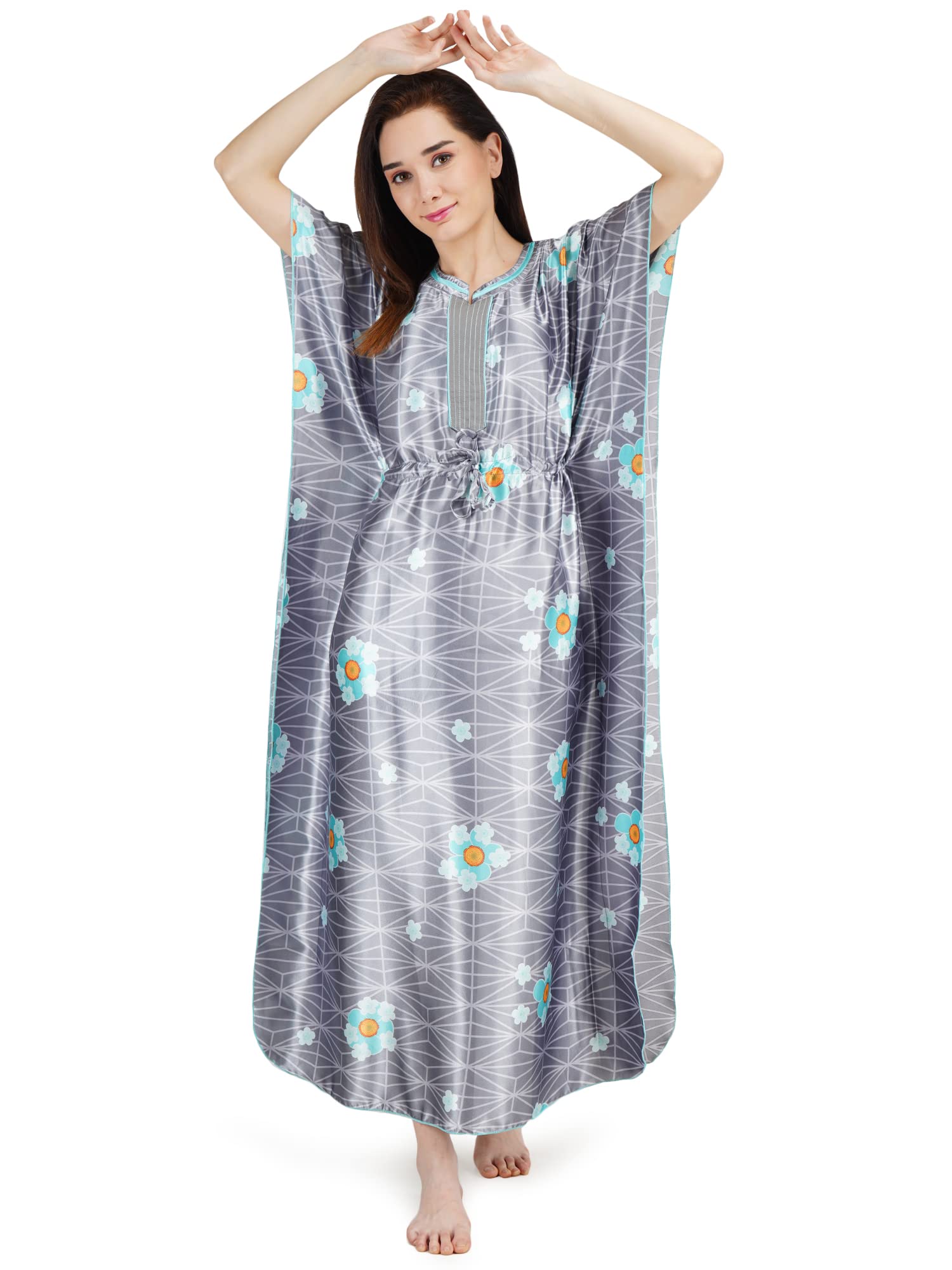 KOI SLEEPWEAR Women's Printed Satin Kaftan Gown/ Maxi Night Gown for Women - Grey