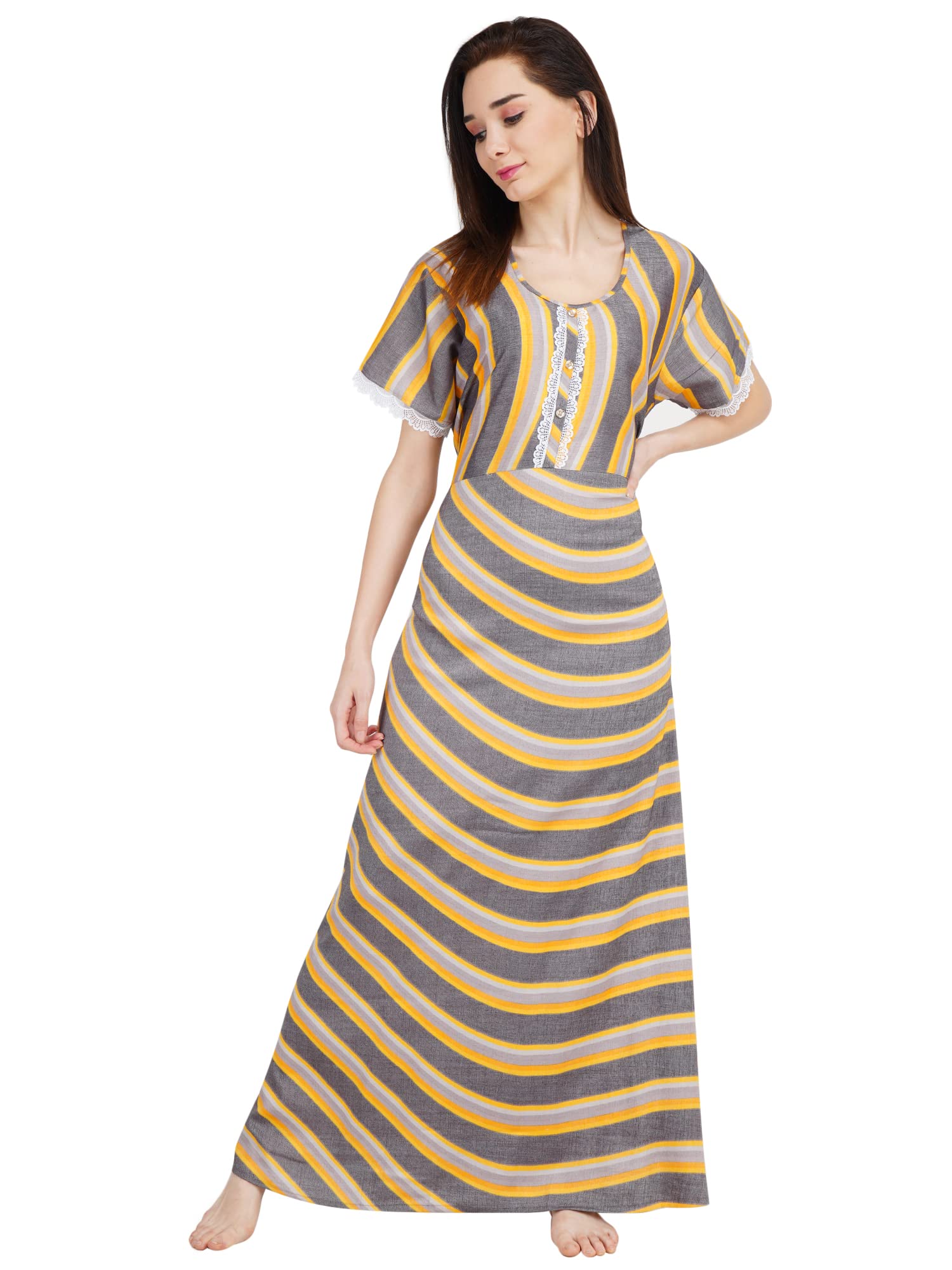 KOI SLEEPWEAR Women's White Lace Frock/Maxi Night Gown for Women - Yellow Grey