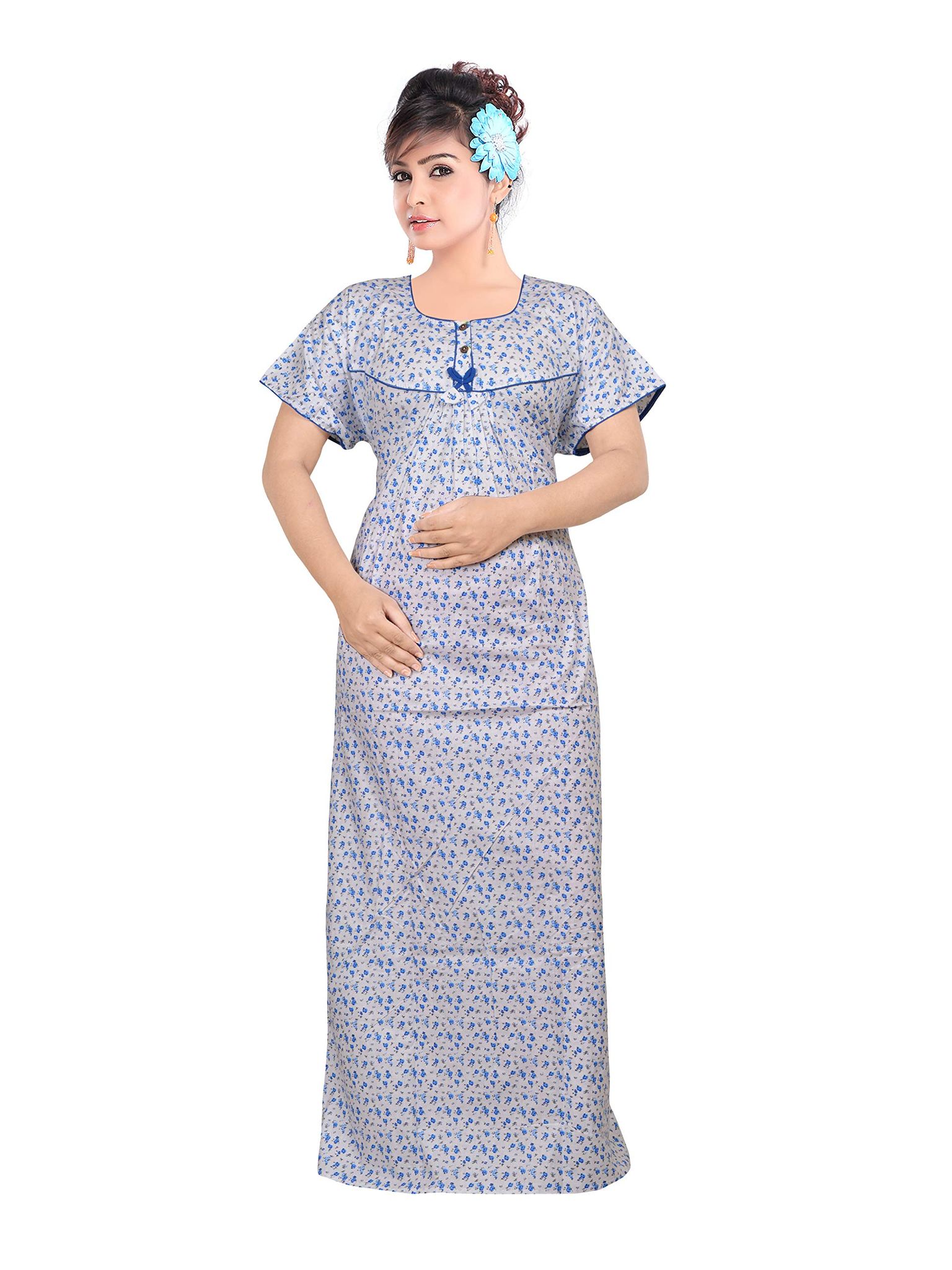 VALENCIA SLEEPWEAR Pure Cotton White Printed Round Neck Nightgown Nighty with Pleades for Extra Comfort