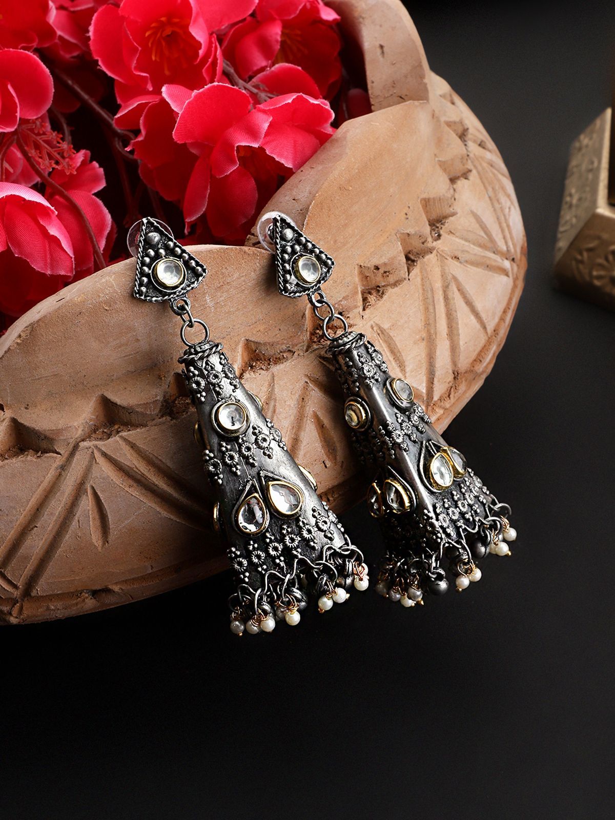 Cardinal Oxidized Metallic Kundan Light Weight Jhumka Earrings
