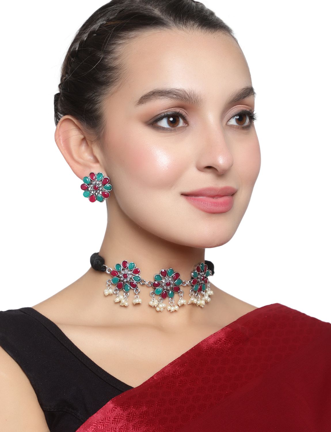 Cardinal Multicolor Red & Green Floral Oxidized Choker Necklace Set