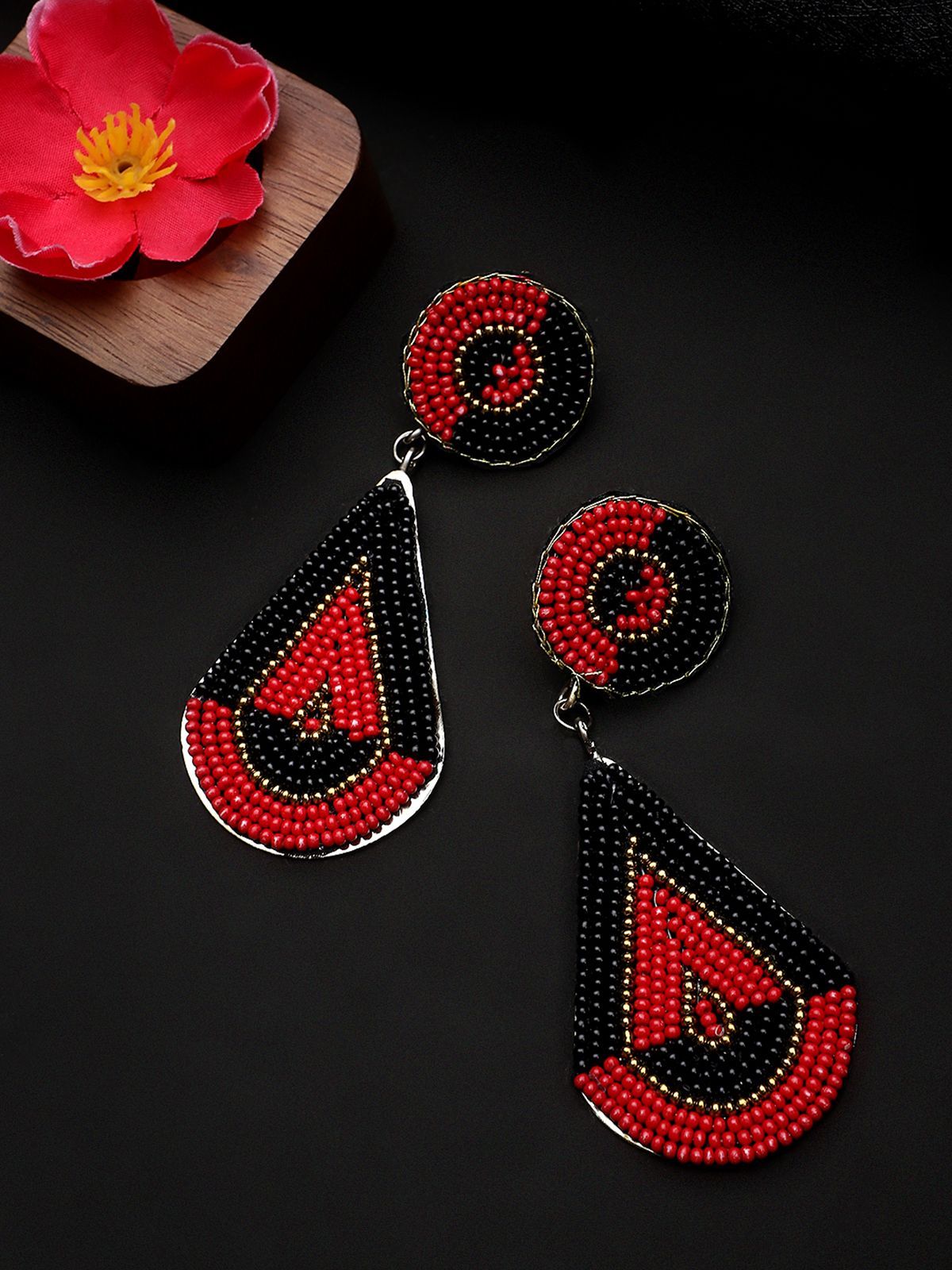 Cardinal Black & Maroon Color Beads Weaving Geometric Design Oxidized Earrings