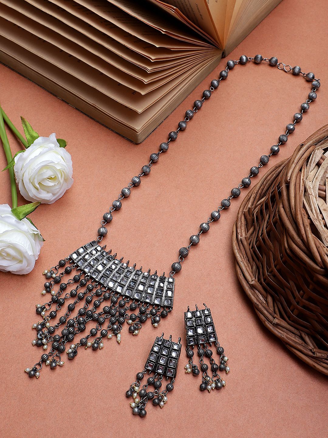 Cardinal Oxidized Metallic Color Kundan Long Chain Necklace Set