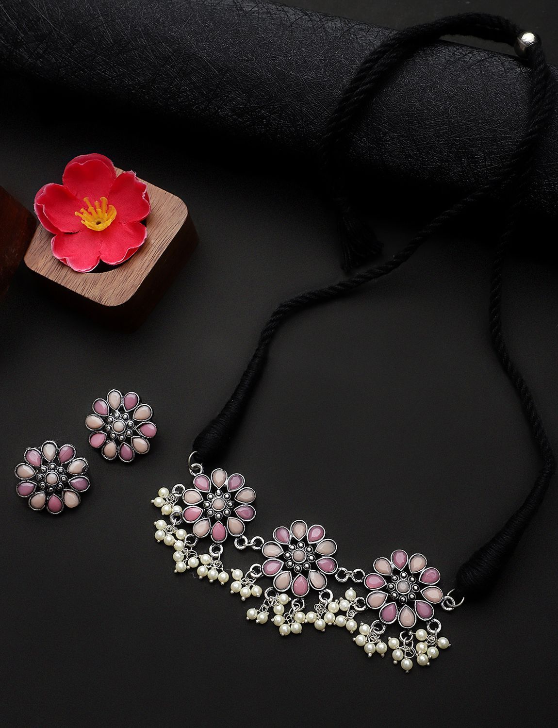 Cardinal Oxidized Silver Color Duck Design Pink Stone Choker Necklace Set