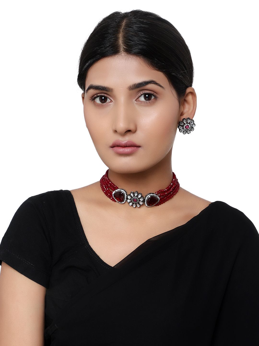 Cardinal Kundan Maroon Onyx Multistring Choker Necklace Set