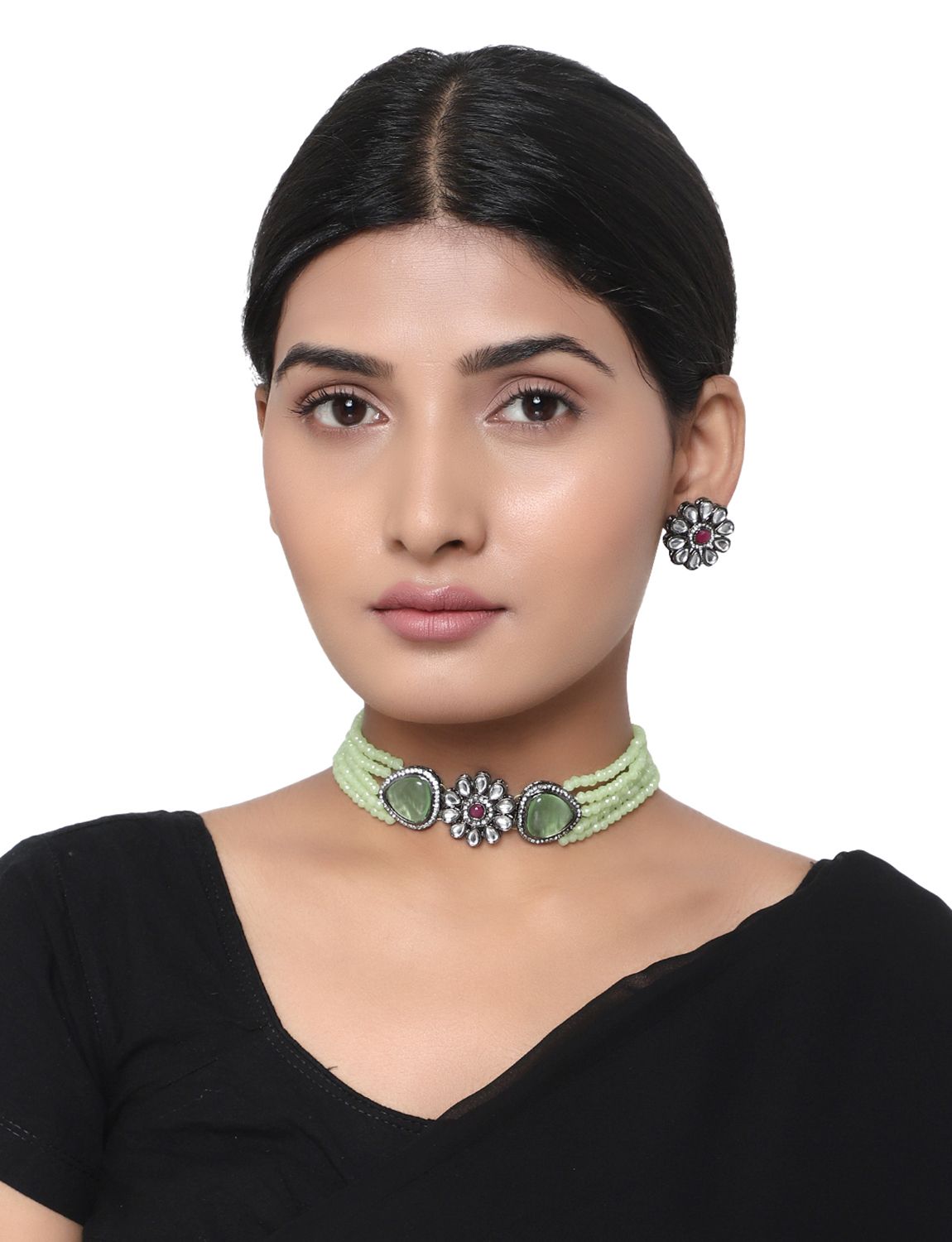 Cardinal Kundan Pista Color Onyx Multistring Choker Necklace Set