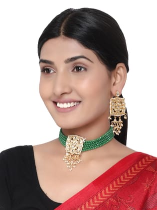 Cardinal Green Color Multistring Kundan Gold Plated Brass Choker Necklace Set