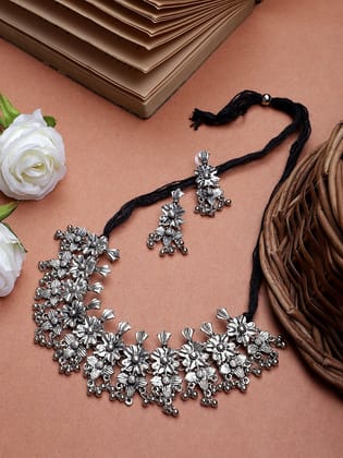 Cardinal Oxidized Silver Color Choker Necklace Set