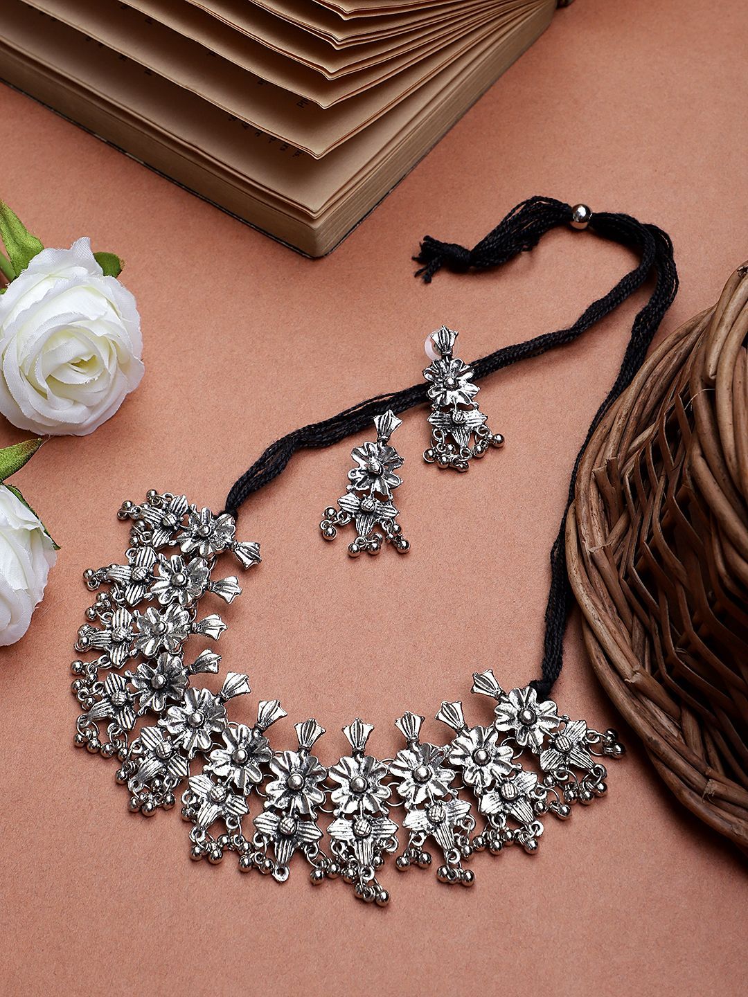 Cardinal Oxidized Silver Color Choker Necklace Set